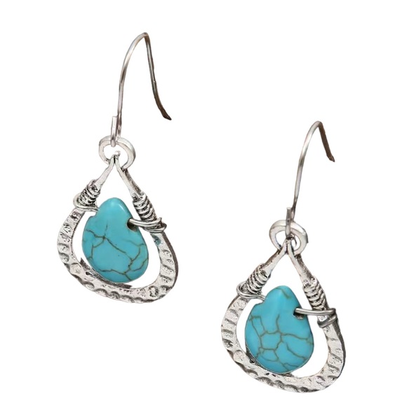 Silver and Turquoise Waterdrop Style Hammered Earrings - Picture 6 of 7